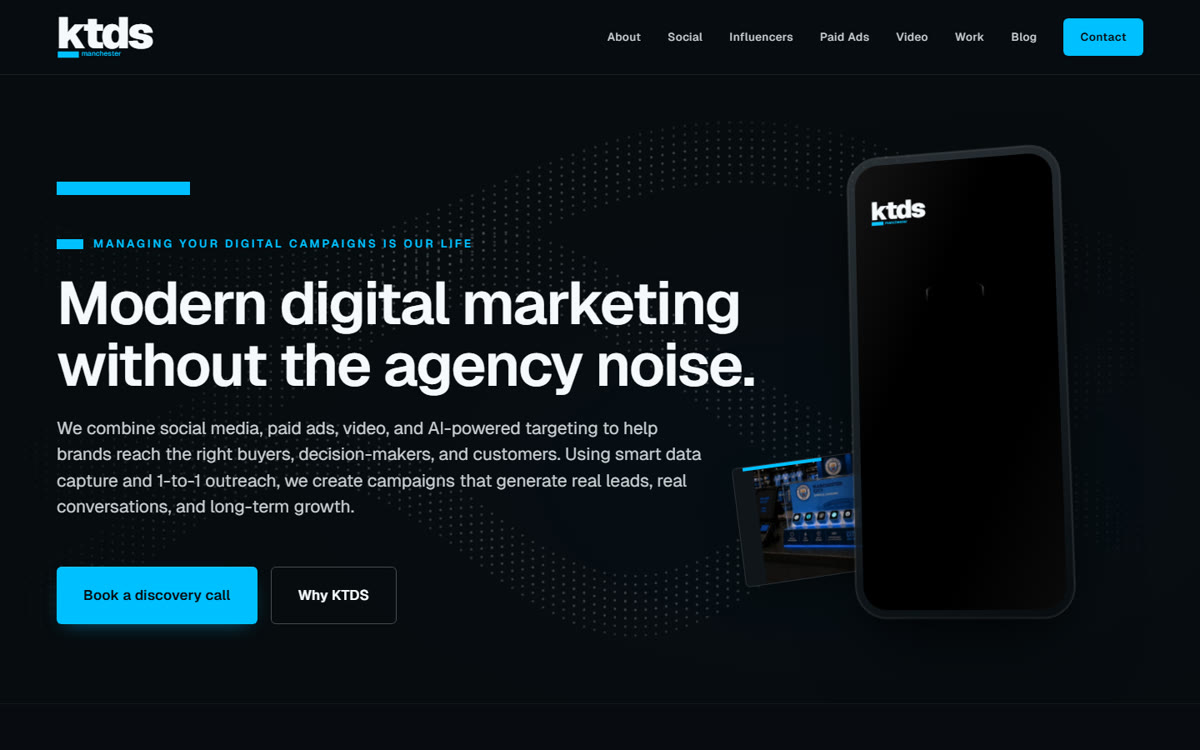 The agency website homepage on a dark theme with a bold headline
