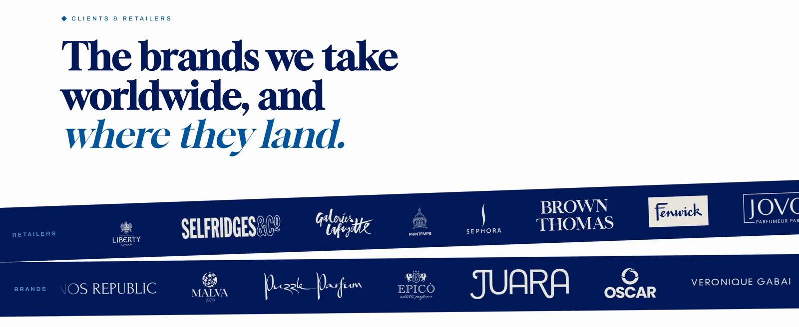 The ILBC clients and retailers section: "The brands we take worldwide, and where they land." above two navy bands of retailer and brand logos